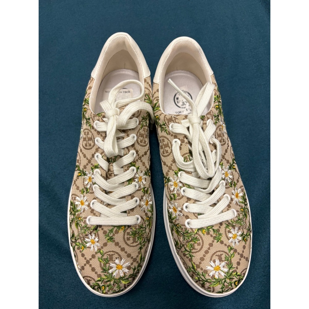 Tory Burch Howell Court T Monogram Daisy Embroidered Sneakers Beige Brown Size 9